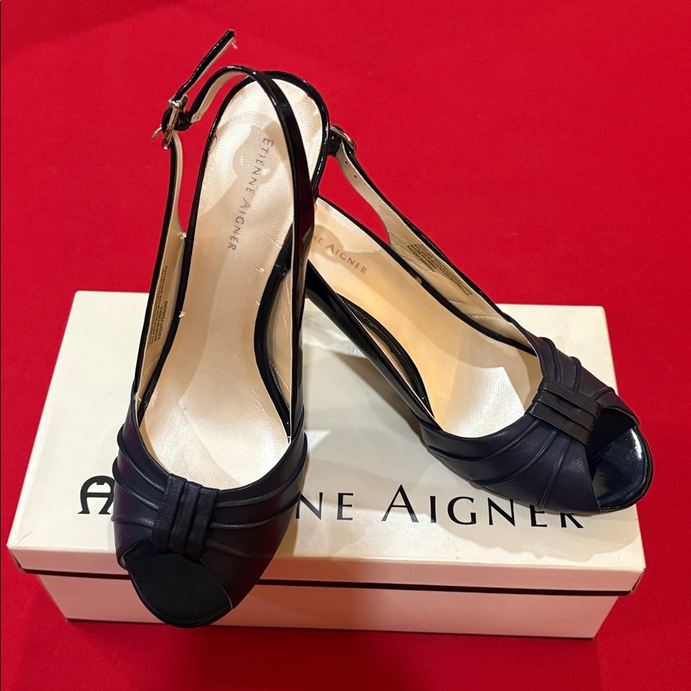 Etienne Aigner Navy Slingback Peep Toe Heels